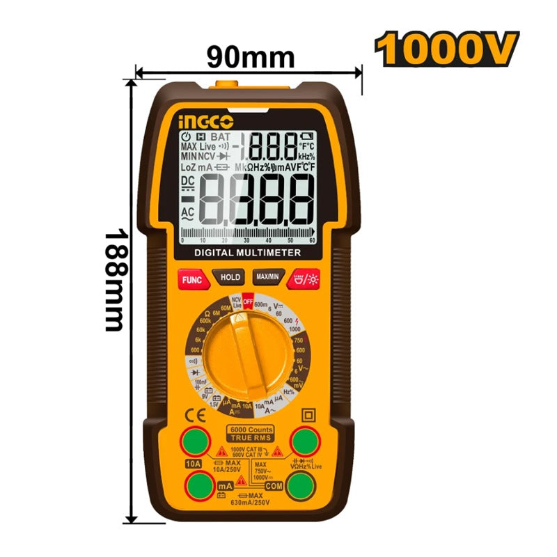 Ingco DM310002 1000V Manual-Range 6000-Count Digital Multimeter