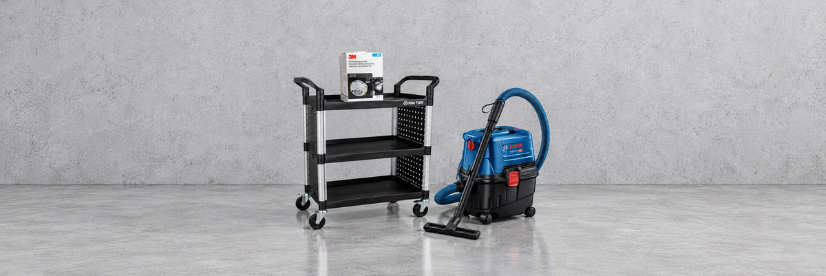 professional category showroom display: Bosch GAS 15 Professional 2 in 1 Wet And Dry Vacuum Cleaner, King Tony 3-Shelf Plastic Trolley in Black, 3M N95 Particulate Respirator Mask 8210 (20 Pieces)