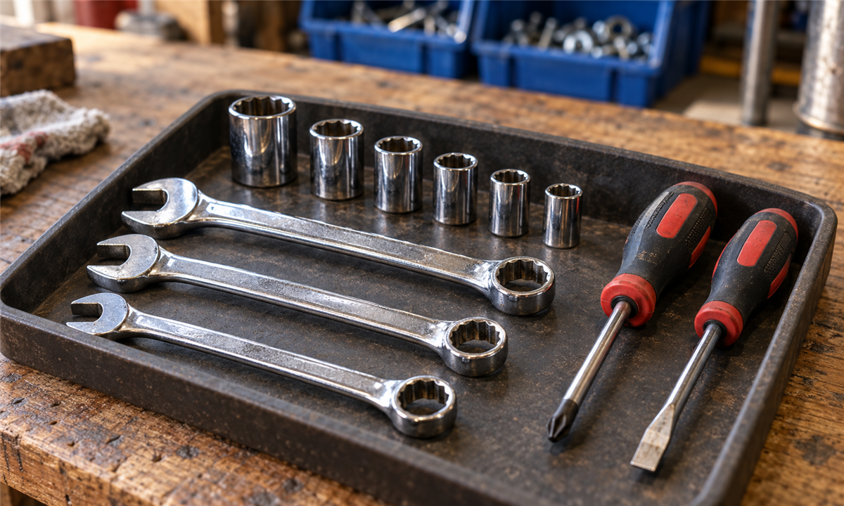 Spanners, sockets and screwdrivers arranged on a workshop bench