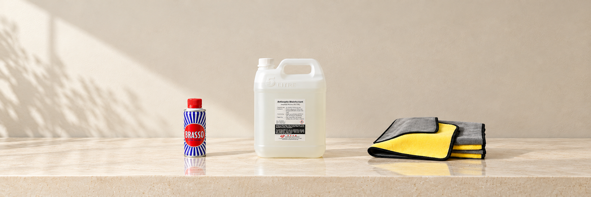 Cleaning showroom display featuring Brasso Multi-Purpose Metal Polish Brass - 200mL, Hardware Specialist 70% Isopropyl Alcohol Solution (IPA), Ultra Soft Extremely Absorbent and Dry Faster Microfiber Cleaning Cloth