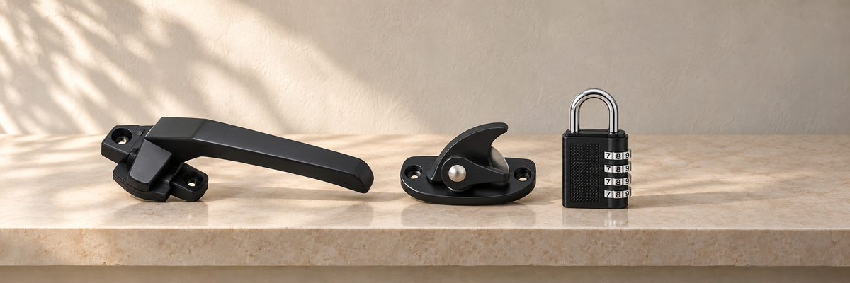 Hardware showroom display featuring Aluminum Casement Window Handle 4409 (Left / Right), HDB Sliding Window Crescent Lock 4902, Resettable Combination Padlock