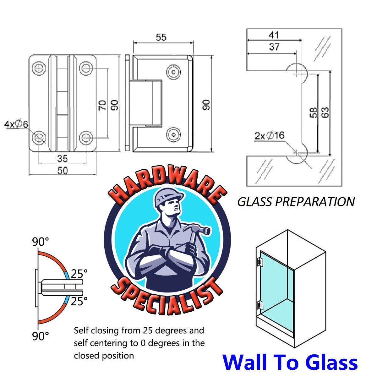 90 Degree Shower Glass Door Hinge (Wall To Glass)
