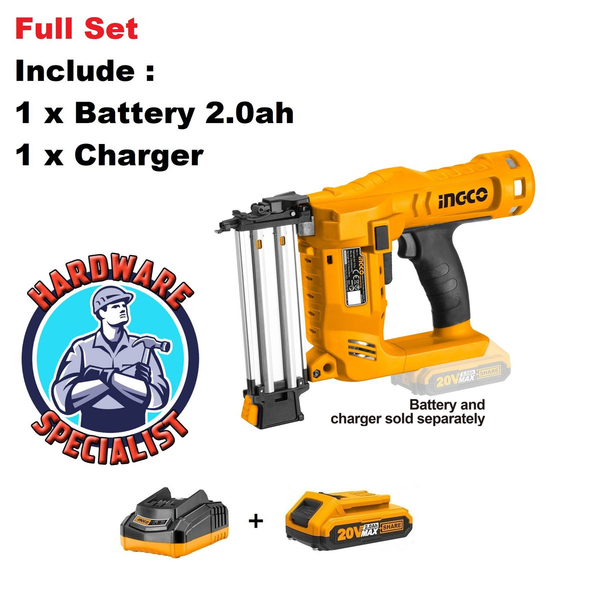 Ingco CBNLI2028 20V Lithium-Ion 15-50mm Cordless Brad Nailer