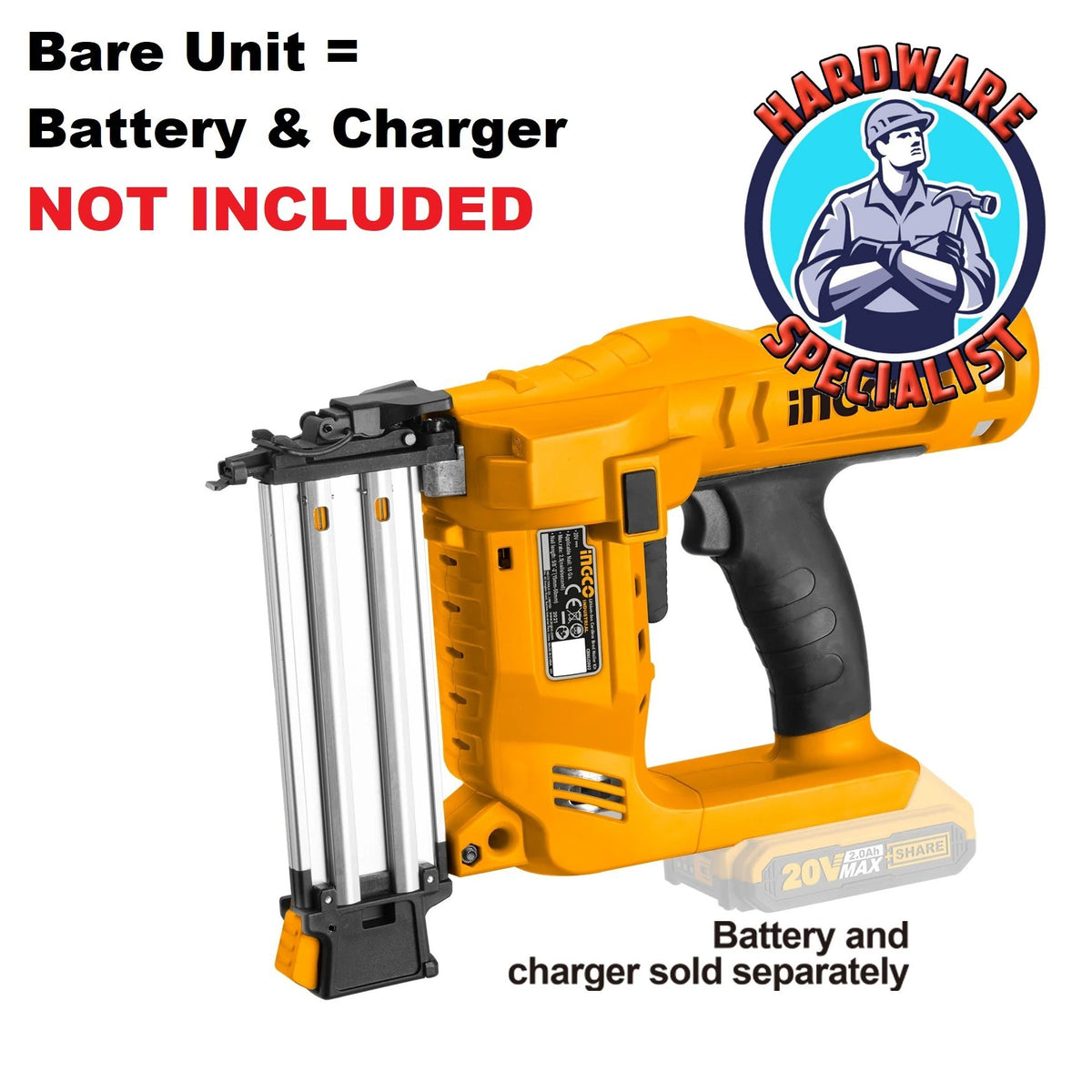 Ingco CBNLI2028 20V Lithium-Ion 15-50mm Cordless Brad Nailer