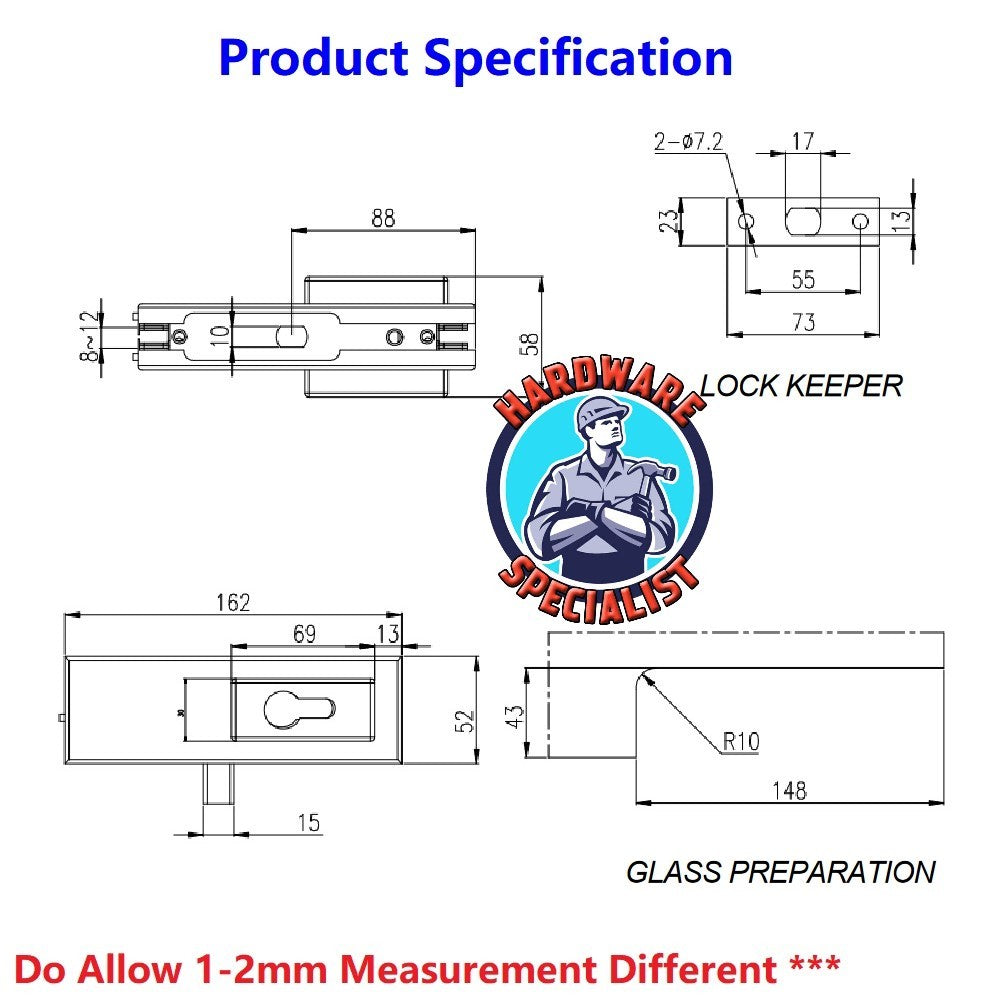 Hardware Specialist PL-010 Glass Door Bottom Door Lockset