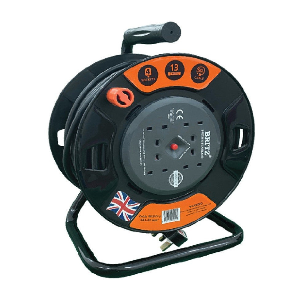 Britz 4X13A Heavy Duty Cable Reel With Surge Protection - 50m