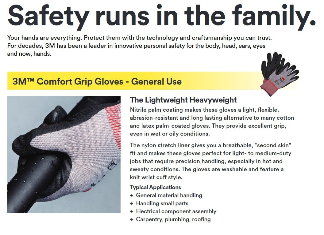 3M Comfort Grip Gloves Nitrile Coated Safety Glove