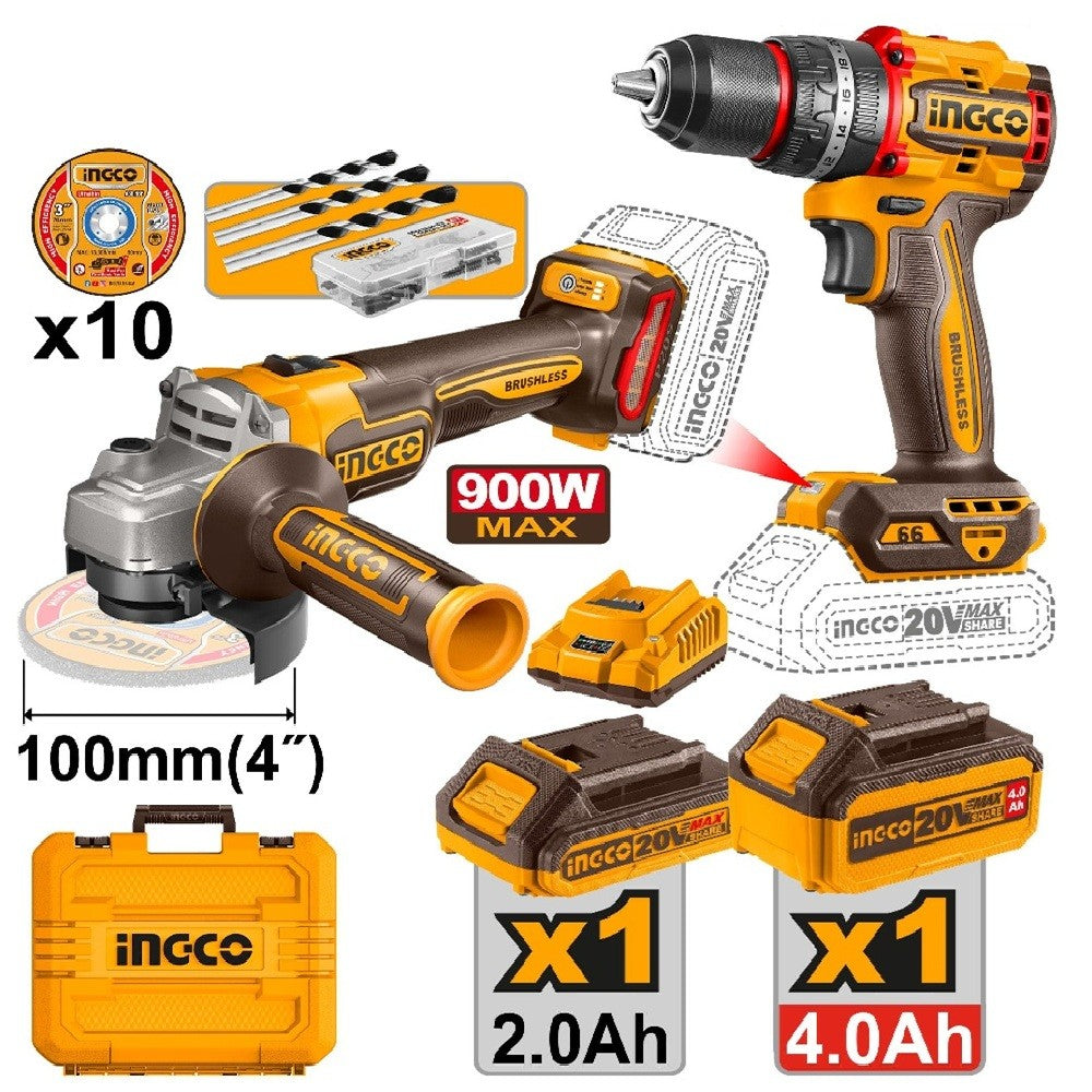Ingco CKLI2027310 20V Lithium-Ion Impact Drill and Angle Grinder Cordless Combo Set
