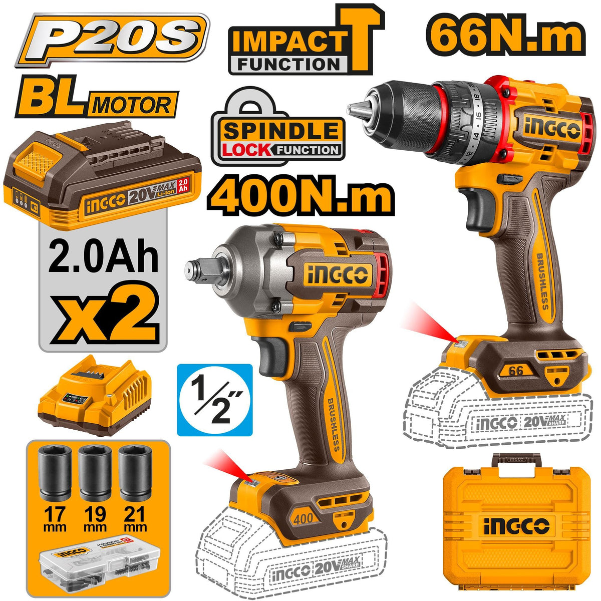 Ingco CKLI20275 20V Lithium-Ion 2.0Ah Cordless Impact Drill and Impact Wrench Combo Kit