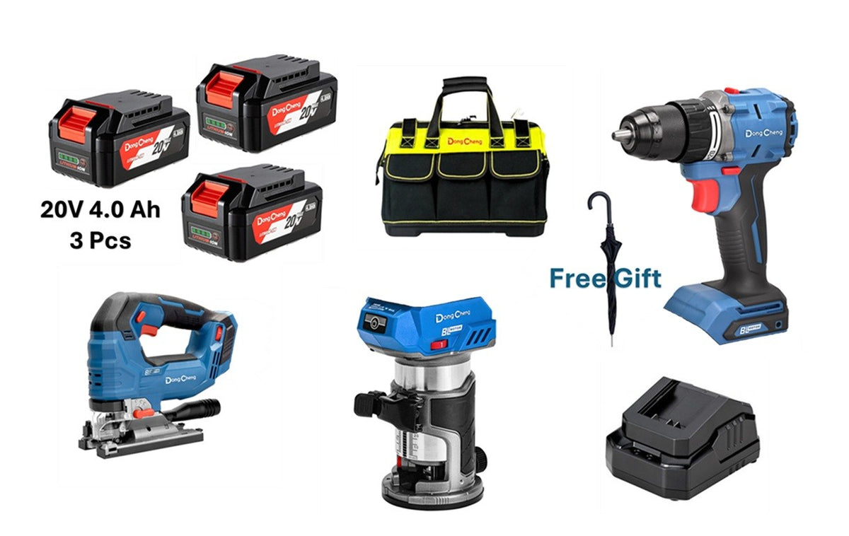 Dong Cheng DCKIT17 20V Lithium-ion 4.0 Ah Cordless Combo Kit - (Trimmer + Jig Saw +  Driver Drill)