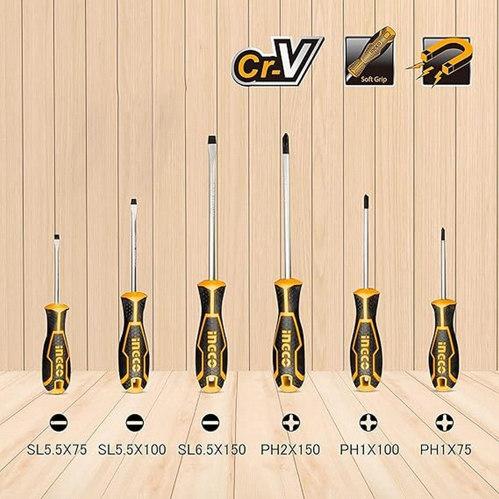 Ingco HKSD0628 6 Pcs Magnetic Tips Ergonomic Handle Screwdriver Set