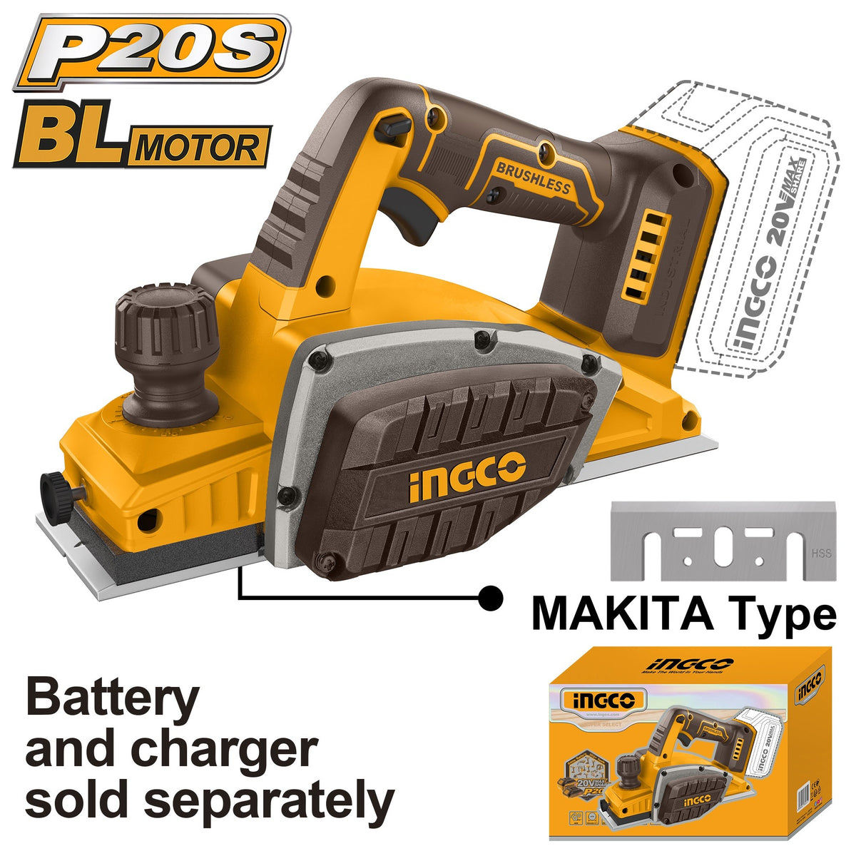 Ingco CRLI20401 20V Lithitum-Ion 82mm Cordless Planer - Bare Unit