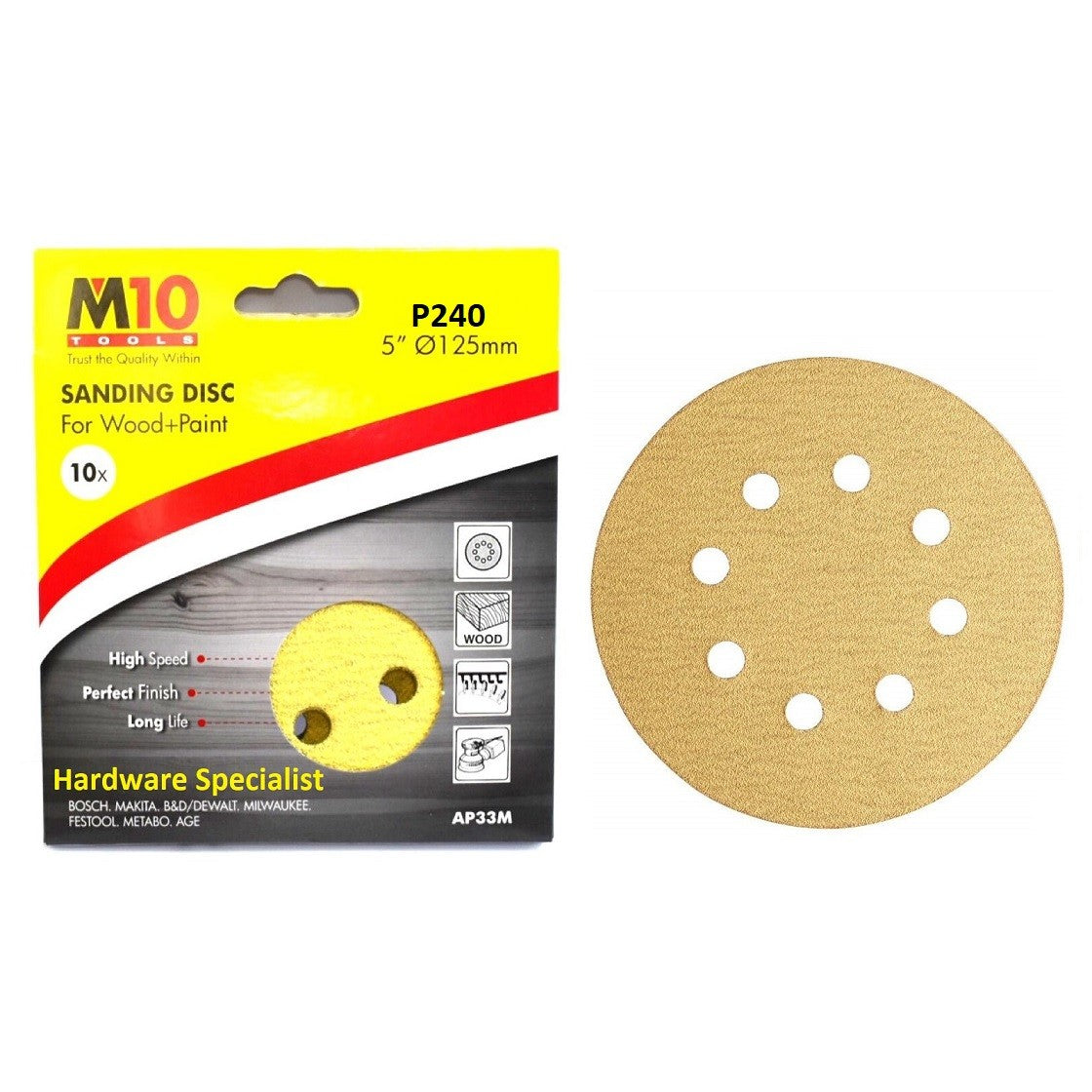M10 125mm Velcro Sanding Disc For Wood Grit 240 (8 Holes)