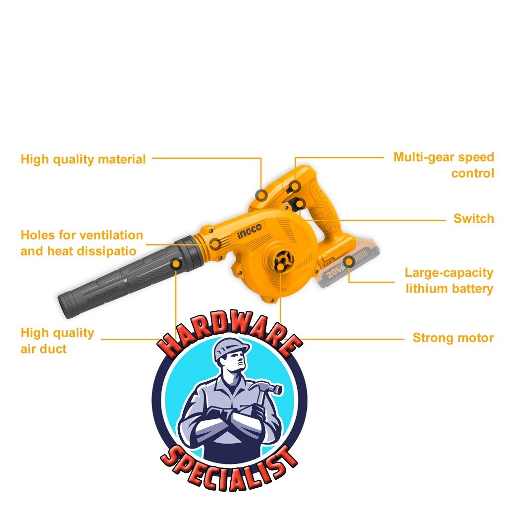 Ingco CABLI20018 20V Lithium-Ion 2.0 Ah Cordless Aspirator Blower