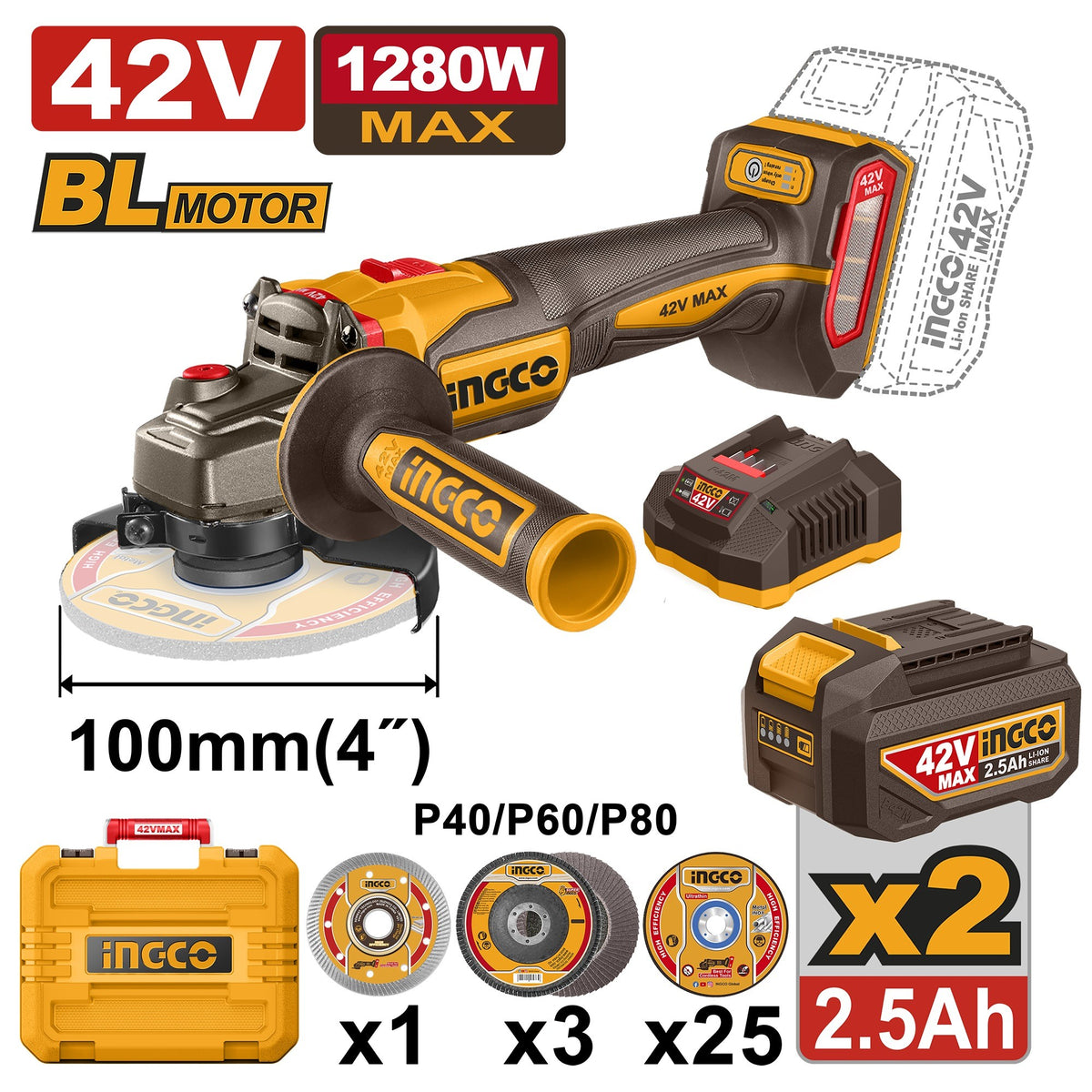 Ingco CAGLI4128102 42V Max Lithium-ion 4-Inch Cordless Angle Grinder Set