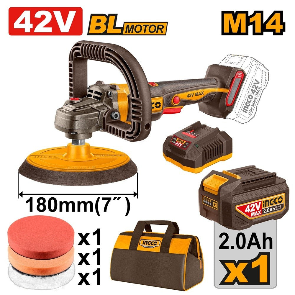 Ingco APLI42181 42V Lithium-Ion 2.0 Ah Brushless 7 inch Cordless Polisher Kit