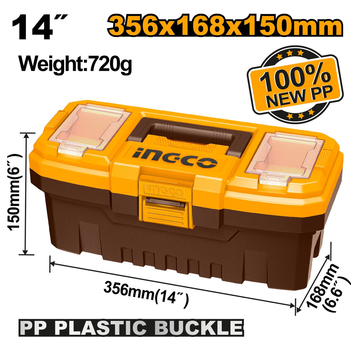 Ingco PBX1401 14 Inch Hard Plastic Tool Box Case with Organizer