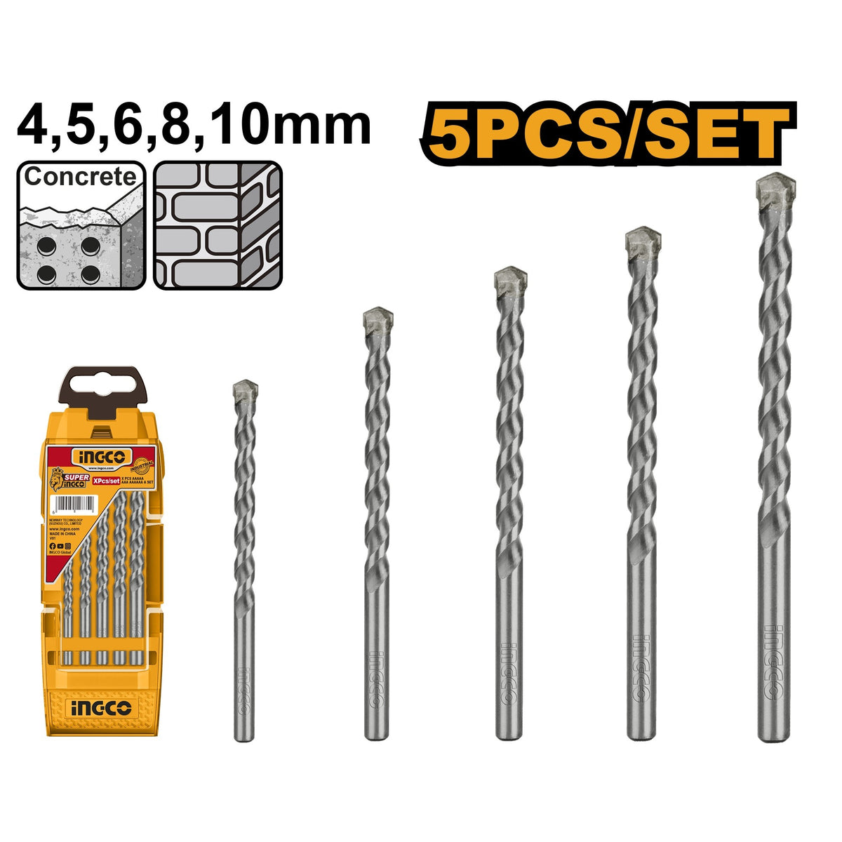 Ingco AKD3051 5 Pcs High Strength Masonry Drill Bit Set