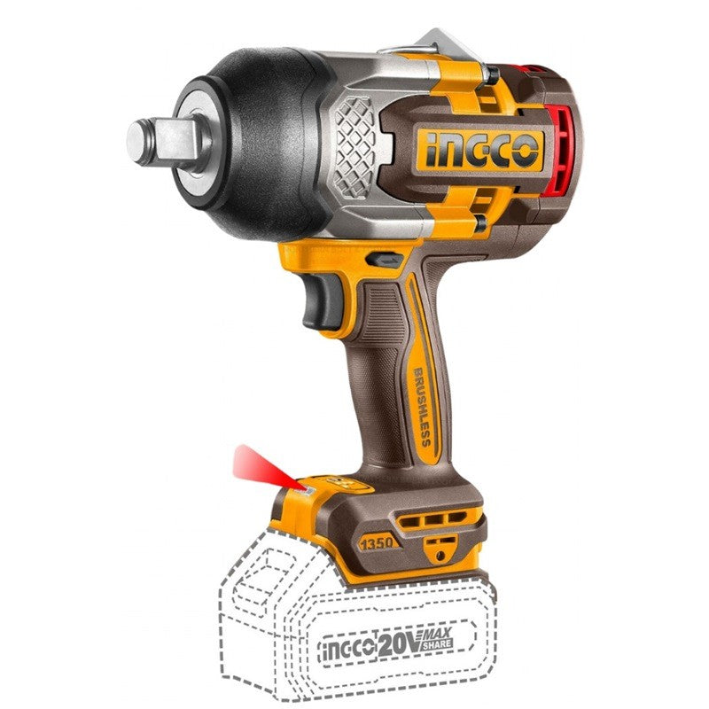 Ingco COSLI250782 20V Cordless 5.0 Ah 4-in-1 Cordless Combo Set - 1350 & 850 Nm Impact Wrench + 2 LED Lamps