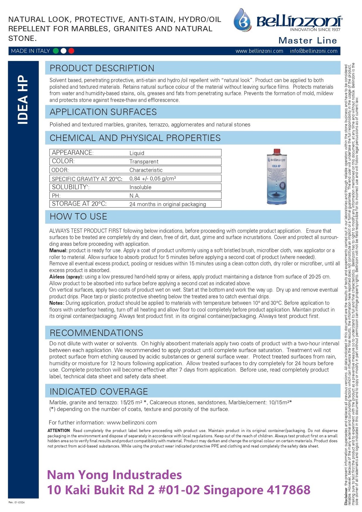 Bellinzoni IDEA HP Antistain Protective Agent Water & Oil Proof For Marble, Granite & Stones