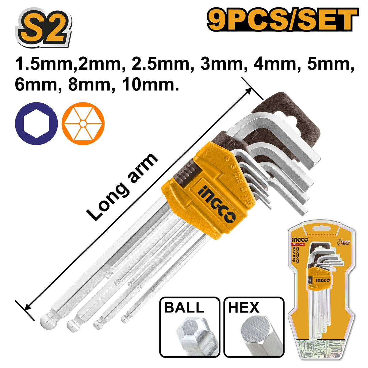 Ingco HHK12091 9Pcs Long Arm Ball Point Hex Key Set