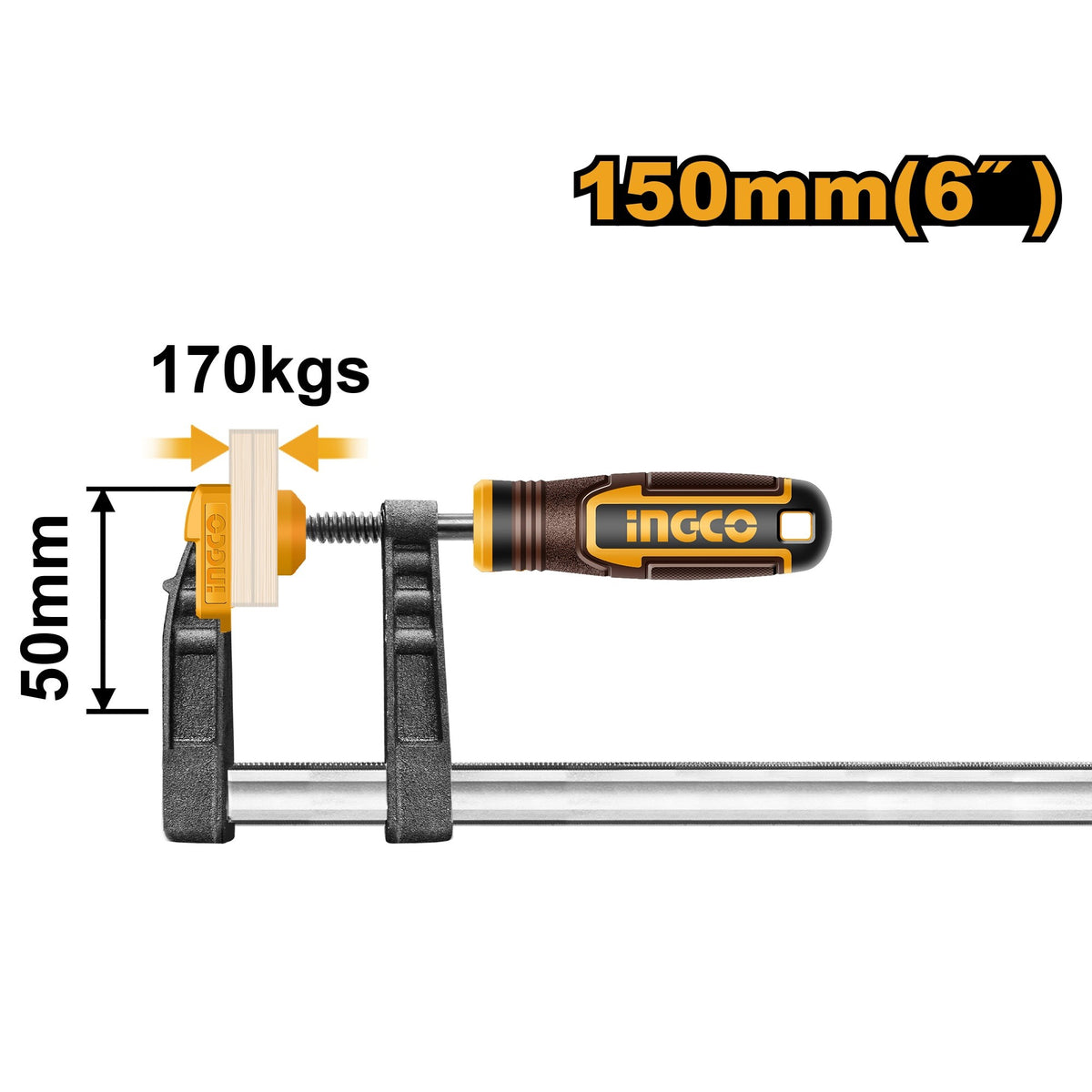 Ingco HFC020501 50 x 150mm Strong Grip Plastic Handle F Clamp