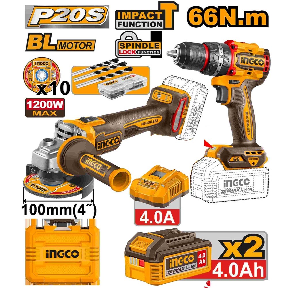 Ingco CKLI2025610 20V Lithium-Ion 4inch Angle Grinder+ 66 Nm Impact Drill Combo Set