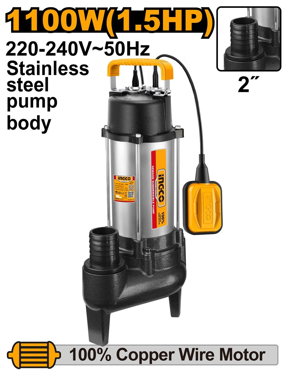 INGCO SPD110068 1.5HP 1100W 2-Inch Sewage Submersible Pump with Float Switch