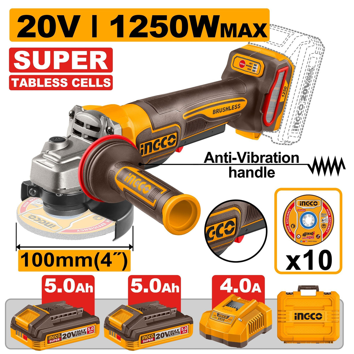 Ingco CAGLI235152 20V 5.0Ah Brushless 4 Inch Cordless Angle Grinder