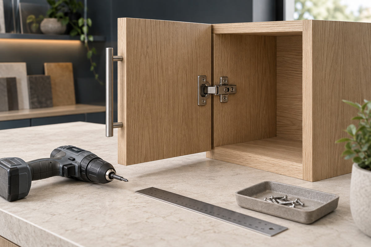 Oak cabinet with a fitted hinge and handle beside a drill on a stone demonstration bench