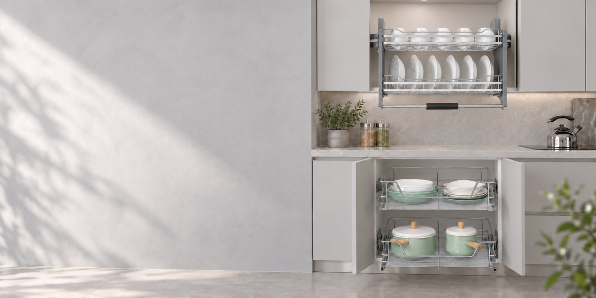 Grey showroom with front-facing Moco MC620 pull-down dish rack aligned with cabinet and lower pull-out baskets